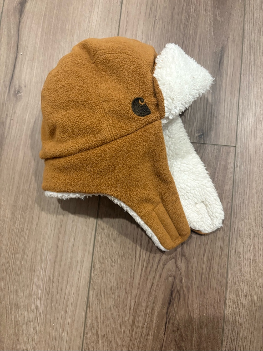 Carhartt Kids' Tan Fleece Trapper Hat with Cream Sherpa Lining